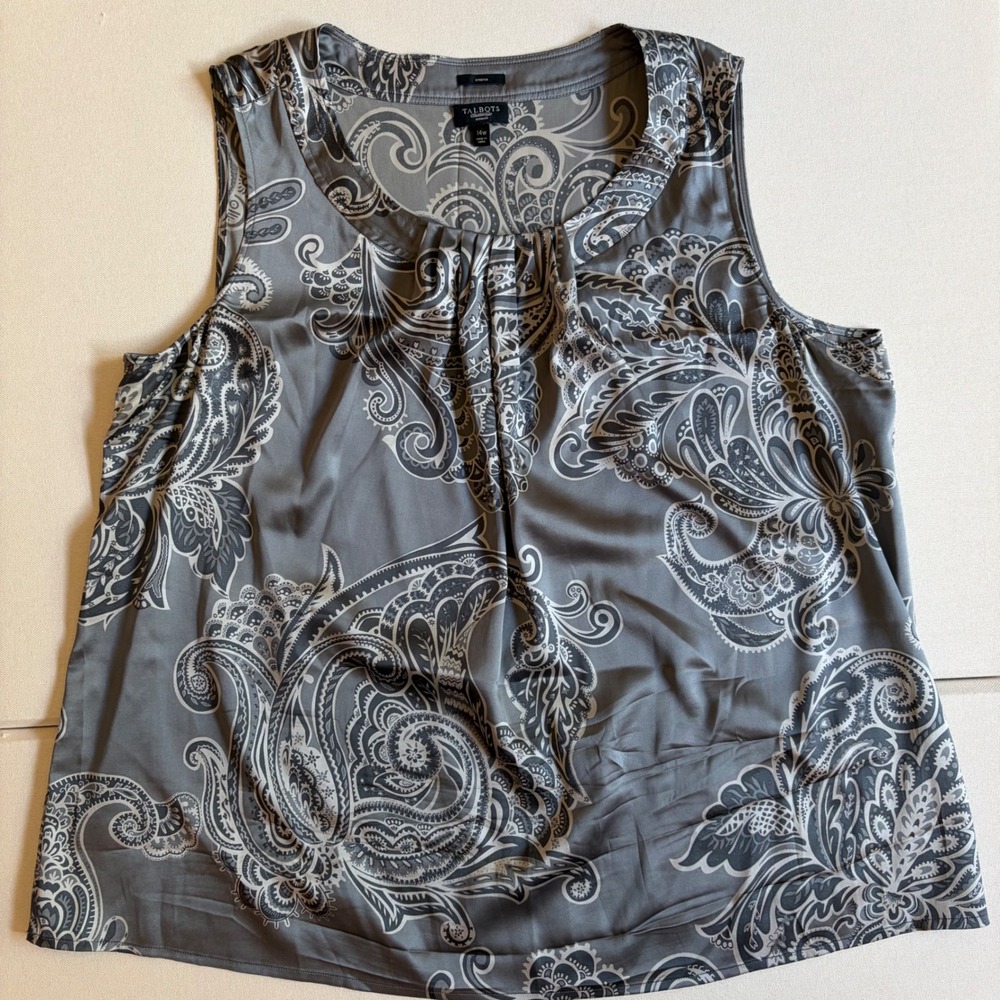 Talbots Woman Grey Paisley Silk Blend Sleeveless Pleated Neck Tank Top 14W